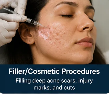Dermal filler injection to fill deep acne scars and facial depressions