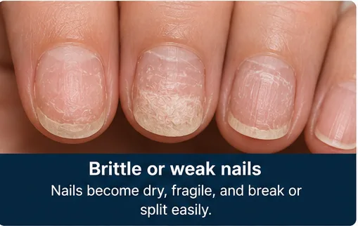 Brittle or weak nails that become dry, fragile and split easily