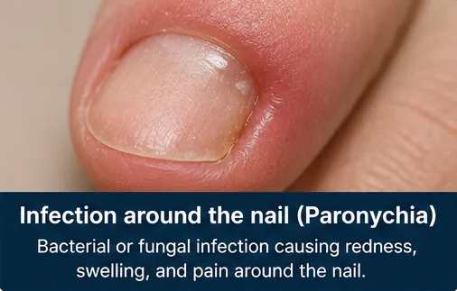 Infection around the nail (Paronychia) causing redness, swelling and pain