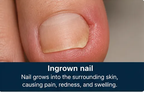 Ingrown nail growing into the surrounding skin, causing pain and redness