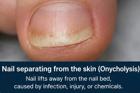 Nail separating from the skin (Onycholysis) due to infection, injury or chemicals