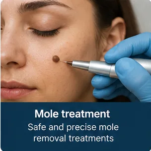 Precise mole-removal treatment being performed on the cheek