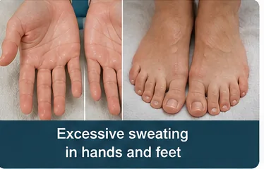 Hands and feet affected by excessive sweating (hyperhidrosis) before treatment